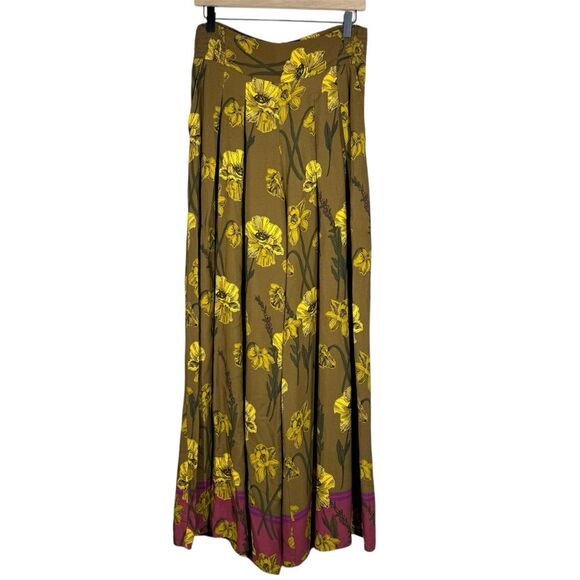 Anthropologie Maeve Terrace Wide Leg Floral Pants Brown Gold Women’s Size 8 - Picture 1 of 7